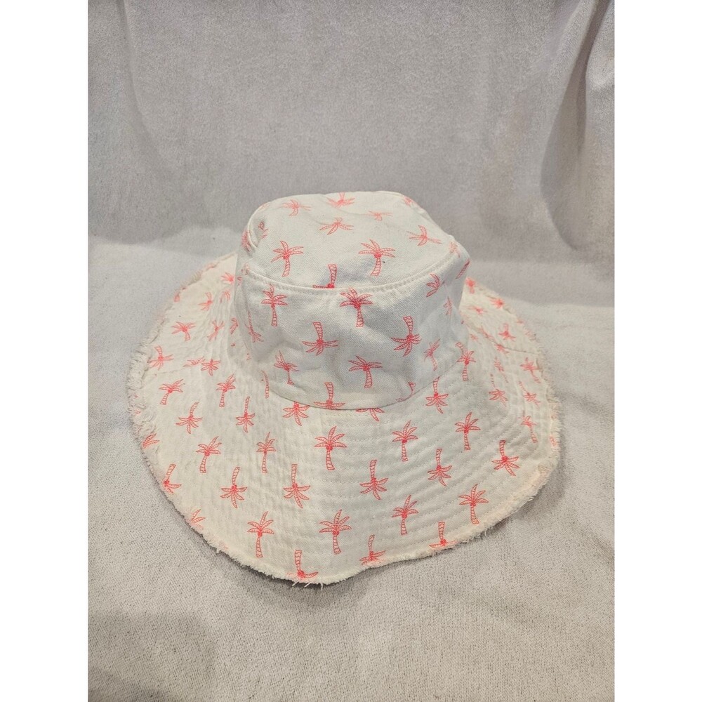 White Bucket Hat with Hot Pink Palm Tree Print Beach Hat 100% Cotton
